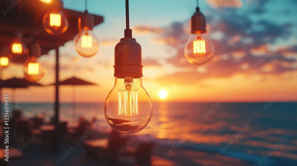 Obraz premium Sunset beach cafe, glowing bulbs, romantic ambiance, outdoor dining