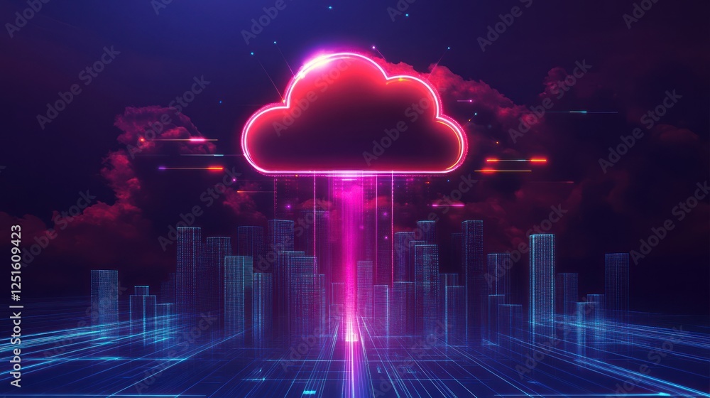 Neon Cloud Data Transfer Over Cityscape Neon Cloud Data Transfer Over Cityscape