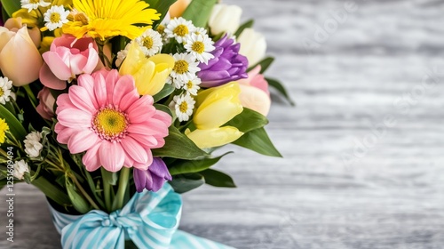 Wallpaper Mural Colorful Flower Bouquet with Yellow and Pink Flowers on Gray Wood Background and Striped Bow. Torontodigital.ca