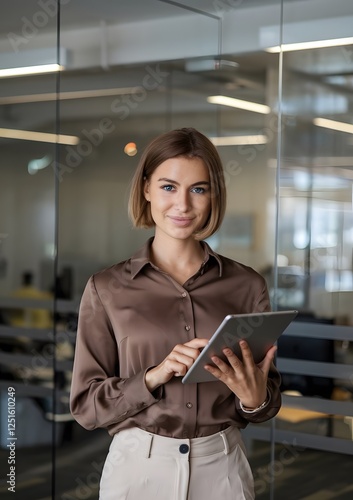 Happy professional female company executive, smiling Hispanic business woman entrepreneur, businesswoman corporate leader manager standing in office looking at camera using tablet. Portrait.