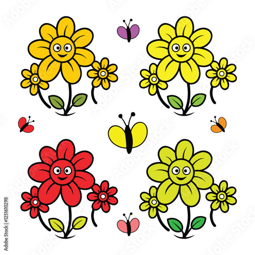 Cartoon Style Flower Vector Design Cute  Colorful Floral Clipart Draw Blossom Illustration Digital Flower Butterfly Art for Stickers, T-Shirts, Logos High-Quality Vector Graphics