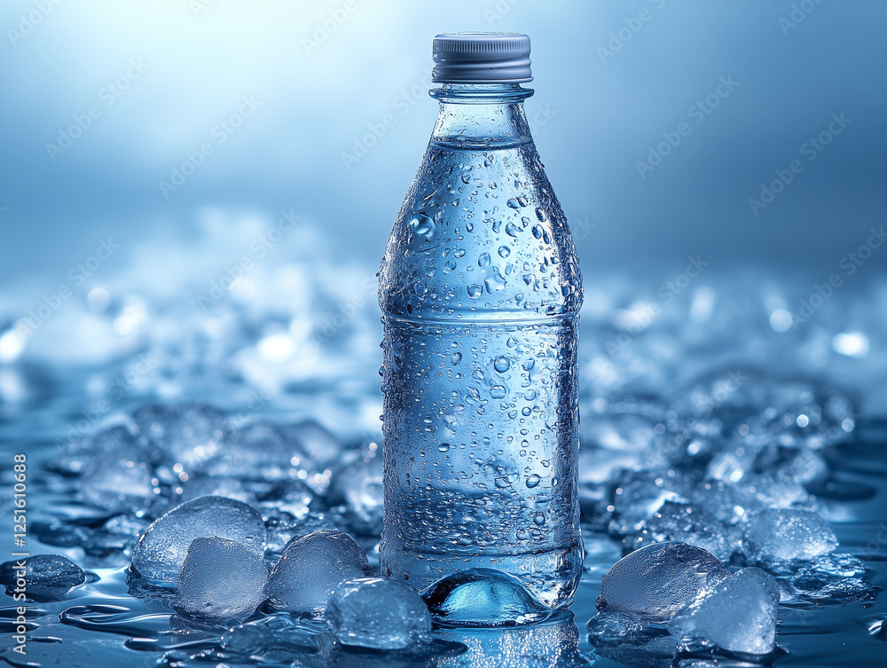 Sparkling mineral water bottle on ice cubes, condensation droplets, studio lighting, clean minimalist background Sparkling mineral water bottle on ice cubes, condensation droplets, studio lighting, clean minimalist background