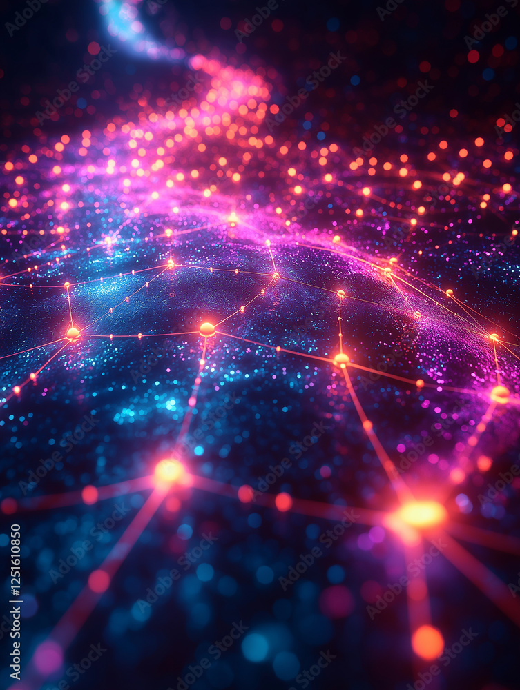 Obraz premium Abstract data flow concept with glowing dots connected by lines, dark gradient background, tech style