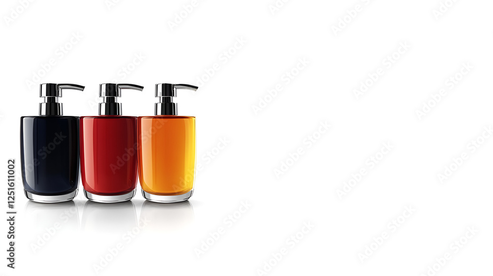 Stylish liquid soap dispensers in vibrant colors with modern feeling on a white background, copy space
