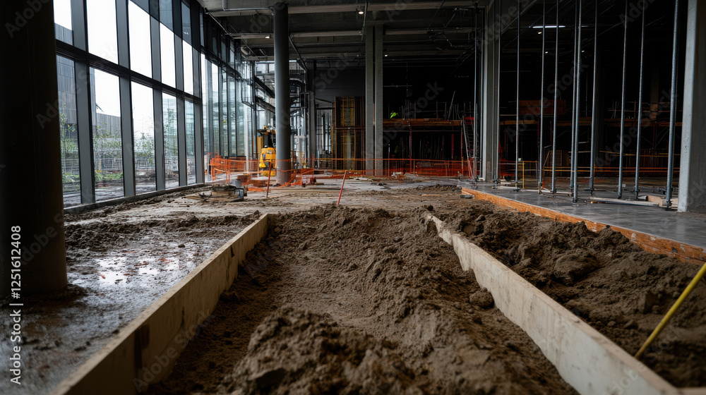 Construction site with heavy machinery and soil preparation Construction site with heavy machinery and soil preparation