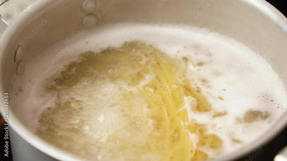 Pasta being cooked in boiling water in a saucepan Pasta being cooked in boiling water in a saucepan