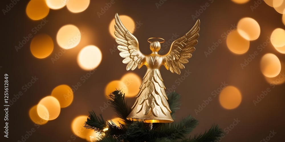 Fototapeta premium a Christmas tree topper shaped like an angel, glowing softly under dramatic light, with blurred warm bokeh lights enhancing the ethereal mood 3