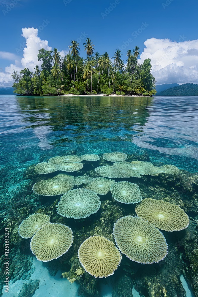 Fototapeta premium Tropical Island Paradise with Vibrant Underwater Coral Reef Garden in Raja Ampat Indonesia