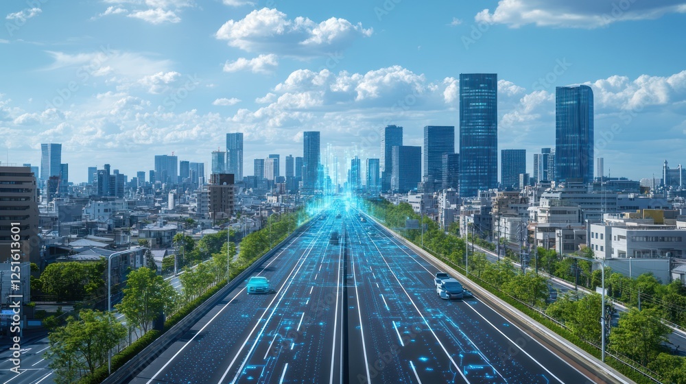 Smart city highway, digital data flow, futuristic cityscape, transportation technology Smart city highway, digital data flow, futuristic cityscape, transportation technology