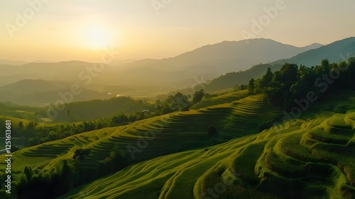 Serene sunrise over lush rolling hills, tranquil landscape with soft light illuminating vibrant green fields, perfect for nature themes.