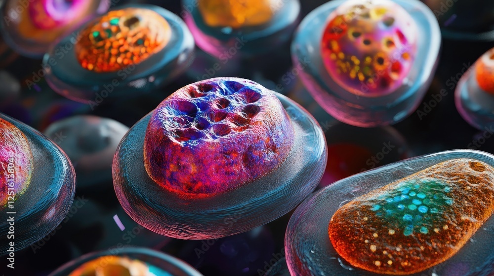 A collection of uniquely shaped and vividly colored cells in a futuristic 3D microscopic environment. A collection of uniquely shaped and vividly colored cells in a futuristic 3D microscopic environment.