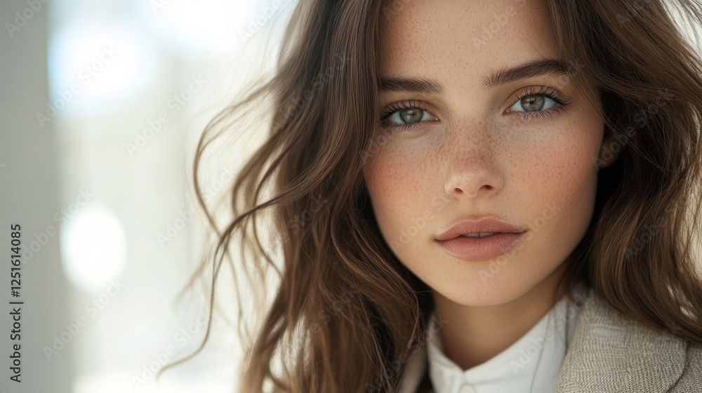 Close-up portrait of a woman with natural beauty, indoors, soft light Close-up portrait of a woman with natural beauty, indoors, soft light