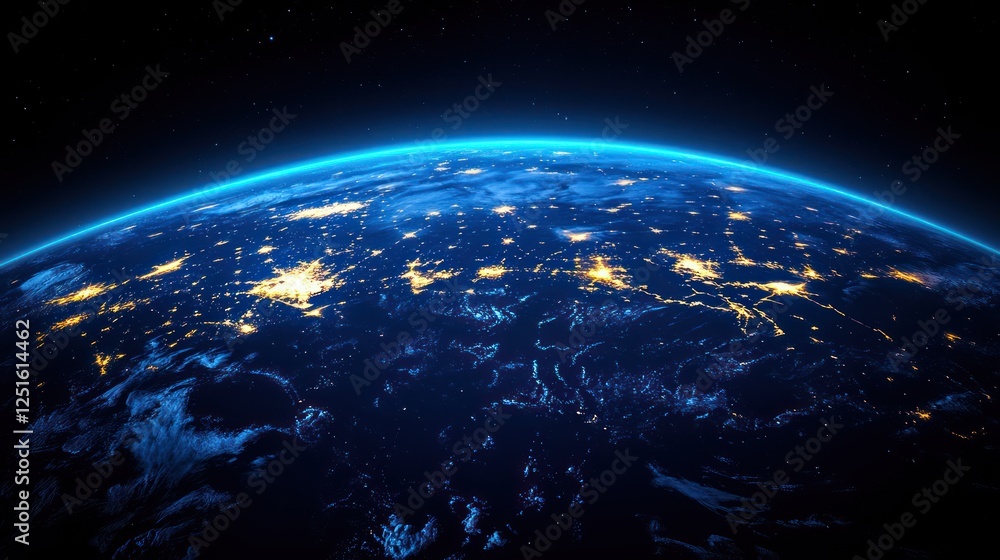 Night Earth, city lights, space view, global, background stars, website banner Night Earth, city lights, space view, global, background stars, website banner