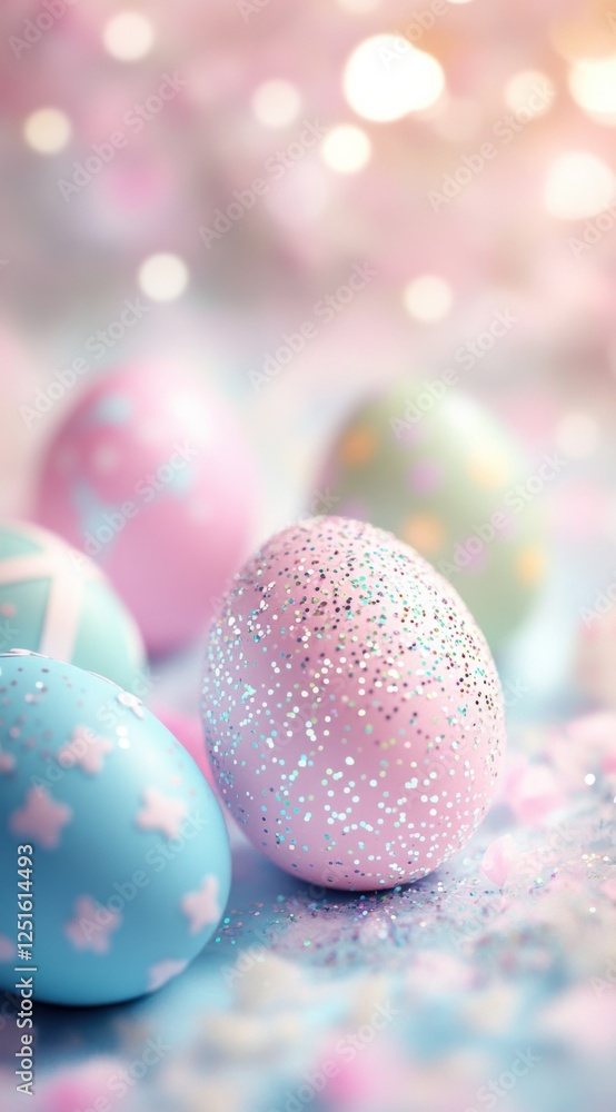 Obraz premium Elegant Easter composition with artisanal decorated eggs and fresh spring flowers on a trendy background. Perfect for social media marketing and business.