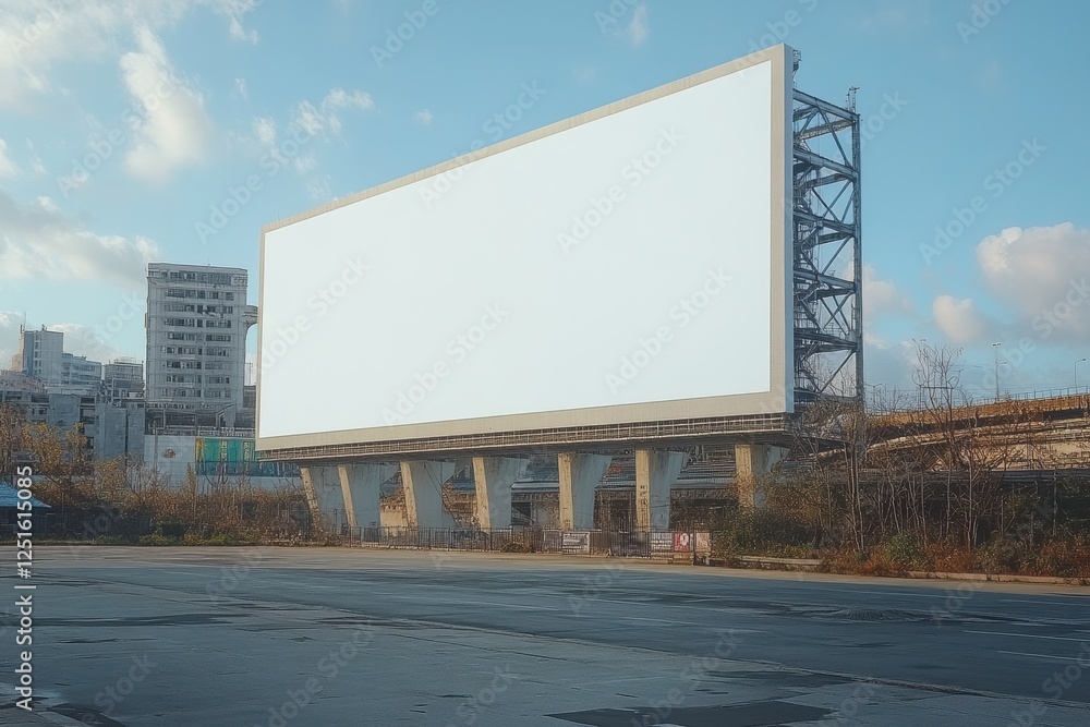 Empty Billboard on Urban Landscape with Clear Blue Sky Background Empty Billboard on Urban Landscape with Clear Blue Sky Background