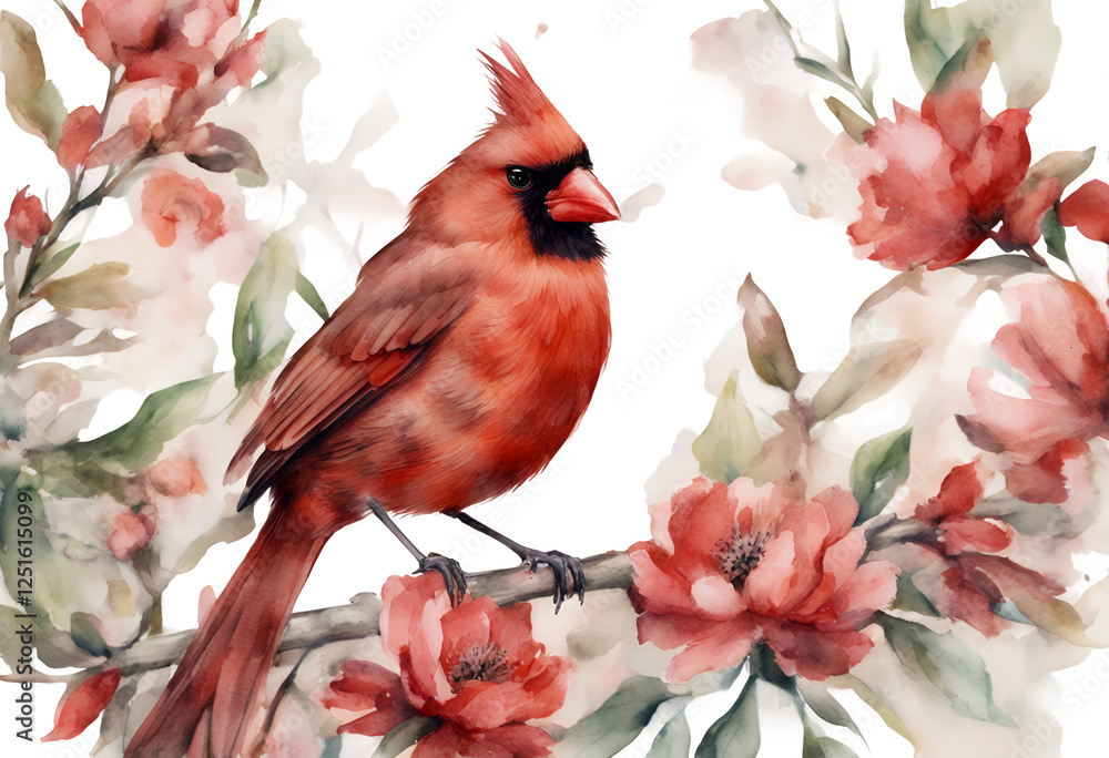 flower white blooming cute element flowers drawn cardinal bird watercolor blossom isolated floral hand cherry banner red beautiful summer illustration artistic design card branch tree background