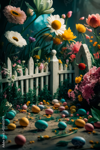 Spring grass and wooden fence with easter eggs and flowers on cloudy sky. Decorated easter eggs in the grass on blue sky background High quality photo