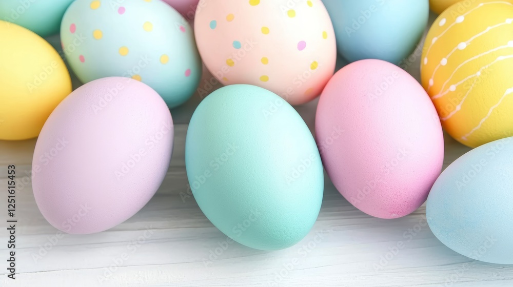 Colorful Pastel Easter Eggs Arranged on Light Wooden Surface With Soft Light and Shallow Depth. Colorful Pastel Easter Eggs Arranged on Light Wooden Surface With Soft Light and Shallow Depth.