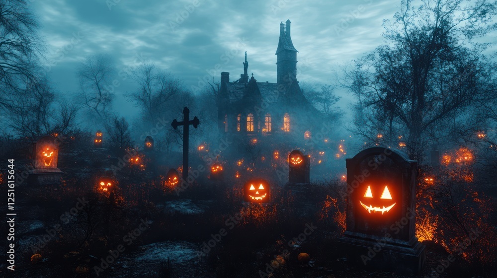 Fototapeta premium Haunted mansion, graveyard pumpkins, foggy night, Halloween scene