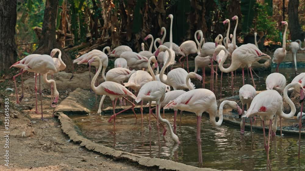 Flock of White Flamingos Are Searching for Food in the Pond at the Zoo. Young, Beautiful Birds Are Standing in Artificial Lake at the Museum Reserve. Zoo Concept Flock of White Flamingos Are Searching for Food in the Pond at the Zoo. Young, Beautiful Birds Are Standing in Artificial Lake at the Museum Reserve. Zoo Concept