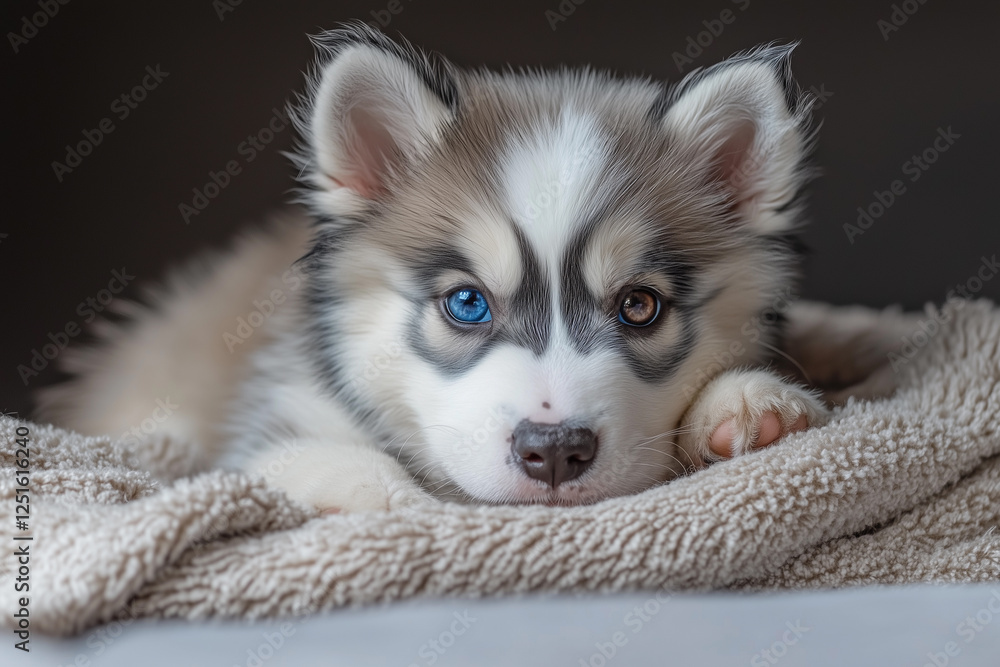 Stunning husky puppy with striking blue and brown eyes resting on a soft blanket in a cozy indoor setting