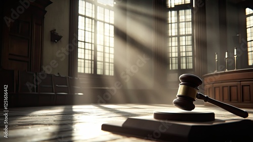 A dramatic courtroom scene with a close-up of a gavel, bathed in natural light from large windows.