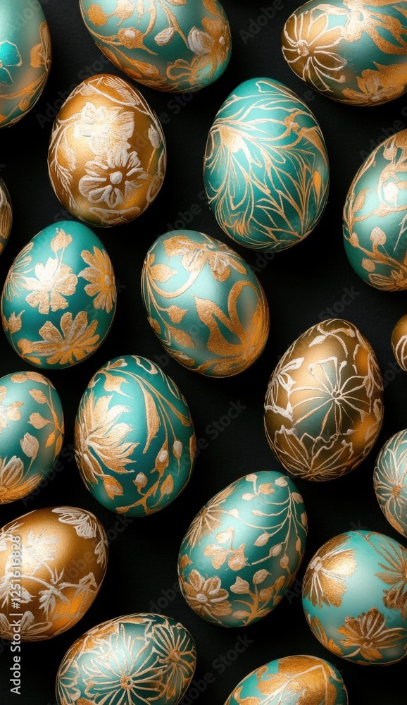 Elegant Easter composition with artisanal decorated eggs and fresh spring flowers on a trendy dark background. Perfect for social media marketing and business. Elegant Easter composition with artisanal decorated eggs and fresh spring flowers on a trendy dark background. Perfect for social media marketing and business.