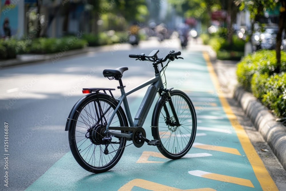 Modern Bicycle Parked on Bright Cycling Lane in Futuristic Urban Setting During Daylight, Showcasing Innovative Design Elements in a Dynamic City Environment Modern Bicycle Parked on Bright Cycling Lane in Futuristic Urban Setting During Daylight, Showcasing Innovative Design Elements in a Dynamic City Environment