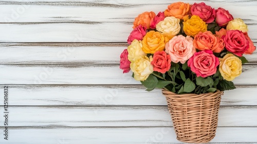Wallpaper Mural Colorful Roses Arranged in Woven Basket on Rustic White Wood Panel Background. Torontodigital.ca