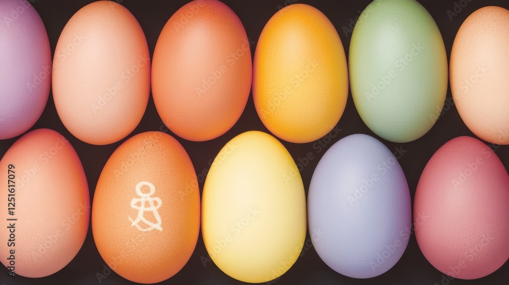 Colorful Row of Twelve Eggs with Drawing on One Easter Celebration Food Decoration Item. Colorful Row of Twelve Eggs with Drawing on One Easter Celebration Food Decoration Item.