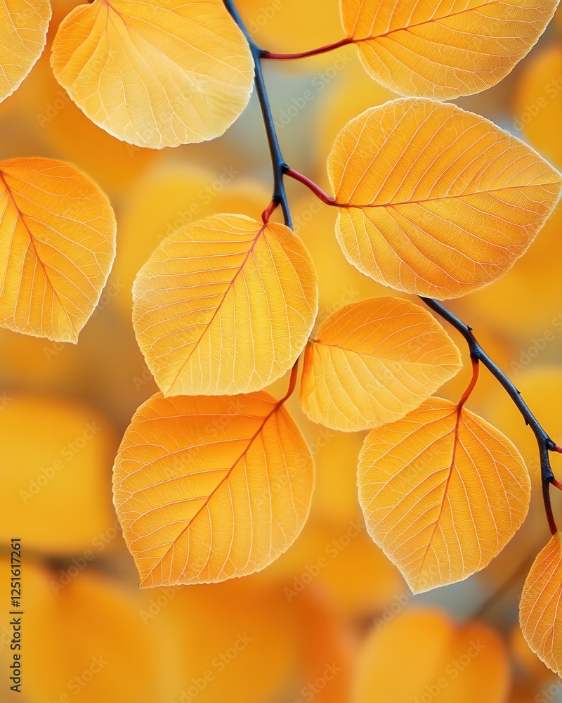 Obraz premium Golden autumn leaves on a branch radiant with sunlight creating a warm and inviting scene