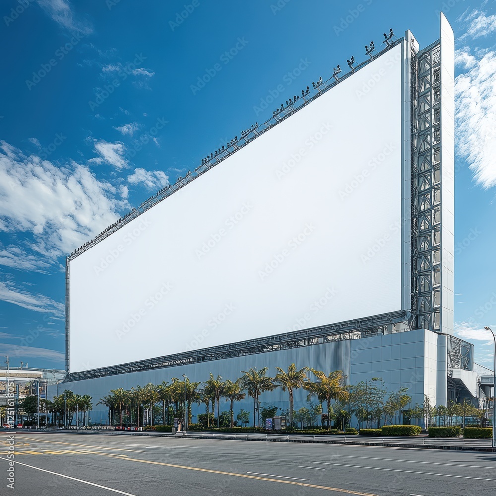 Massive Blank Billboard on Urban Street with Clear Blue Sky Massive Blank Billboard on Urban Street with Clear Blue Sky