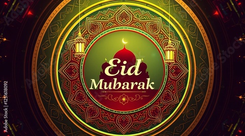 Futuristic Sci-Fi Eid Greeting Card with Vibrant Colors & Lanterns