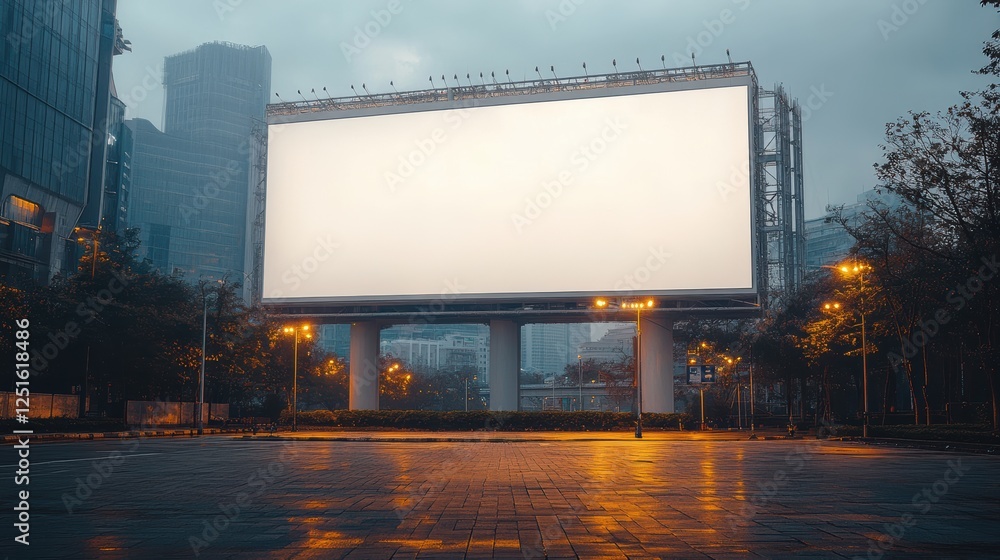 Empty Billboard on City Street with Gray Background and Lights Empty Billboard on City Street with Gray Background and Lights