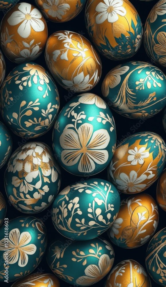 Elegant Easter composition with artisanal decorated eggs and fresh spring flowers on a trendy dark background. Perfect for social media marketing and business. Elegant Easter composition with artisanal decorated eggs and fresh spring flowers on a trendy dark background. Perfect for social media marketing and business.