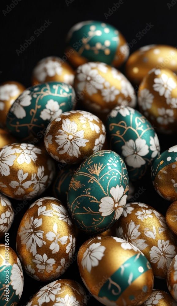 Elegant Easter composition with artisanal decorated eggs and fresh spring flowers on a trendy dark background. Perfect for social media marketing and business. Elegant Easter composition with artisanal decorated eggs and fresh spring flowers on a trendy dark background. Perfect for social media marketing and business.