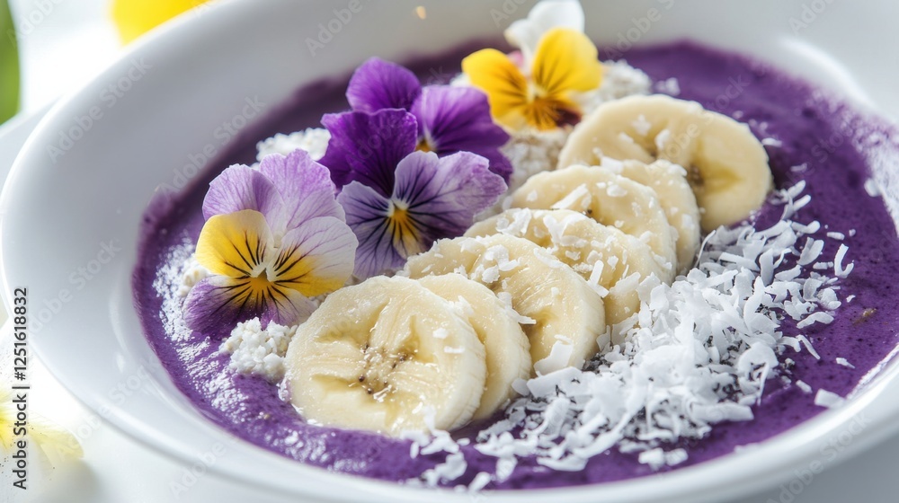 A plant-based smoothie bowl with a vibrant purple base, topped with sliced bananas, shredded coconut, and edible flowers, artfully arranged on a white dish