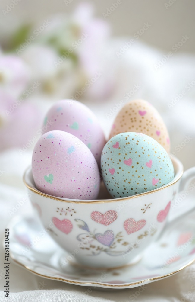 Delightful pastel eggs resting in a charming teacup adorned with hearts for a joyful Easter celebration. Stories Template for Easter Delightful pastel eggs resting in a charming teacup adorned with hearts for a joyful Easter celebration. Stories Template for Easter