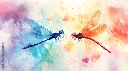 Romantic Watercolor Illustration of Dragonflies for Valentine's Day