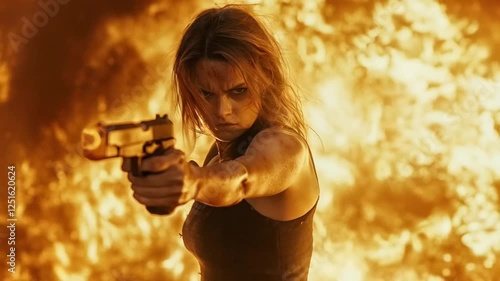 Action scenes of the hero shooting against the backdrop of blazing fire, smooth repetitive motion for background video animation