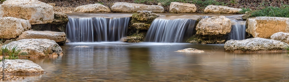 Fototapeta premium Small waterfall cascading over rocks, peaceful garden scene. Possible use stock photo