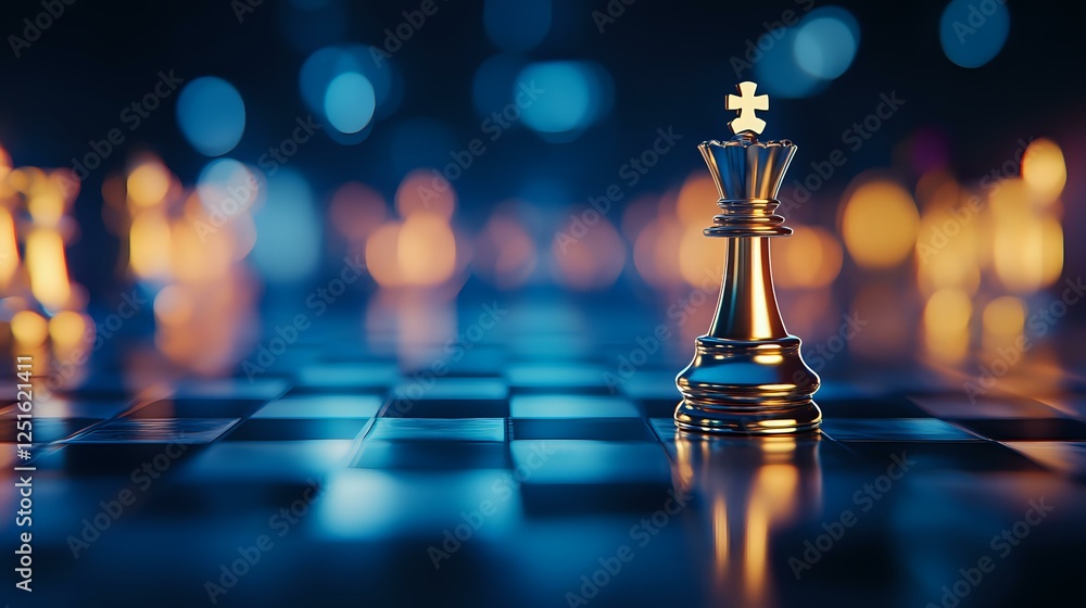 Golden chess king piece standing alone on blue illuminated chessboard with bokeh lights background, symbolizing leadership and strategic success in business. Golden chess king piece standing alone on blue illuminated chessboard with bokeh lights background, symbolizing leadership and strategic success in business.