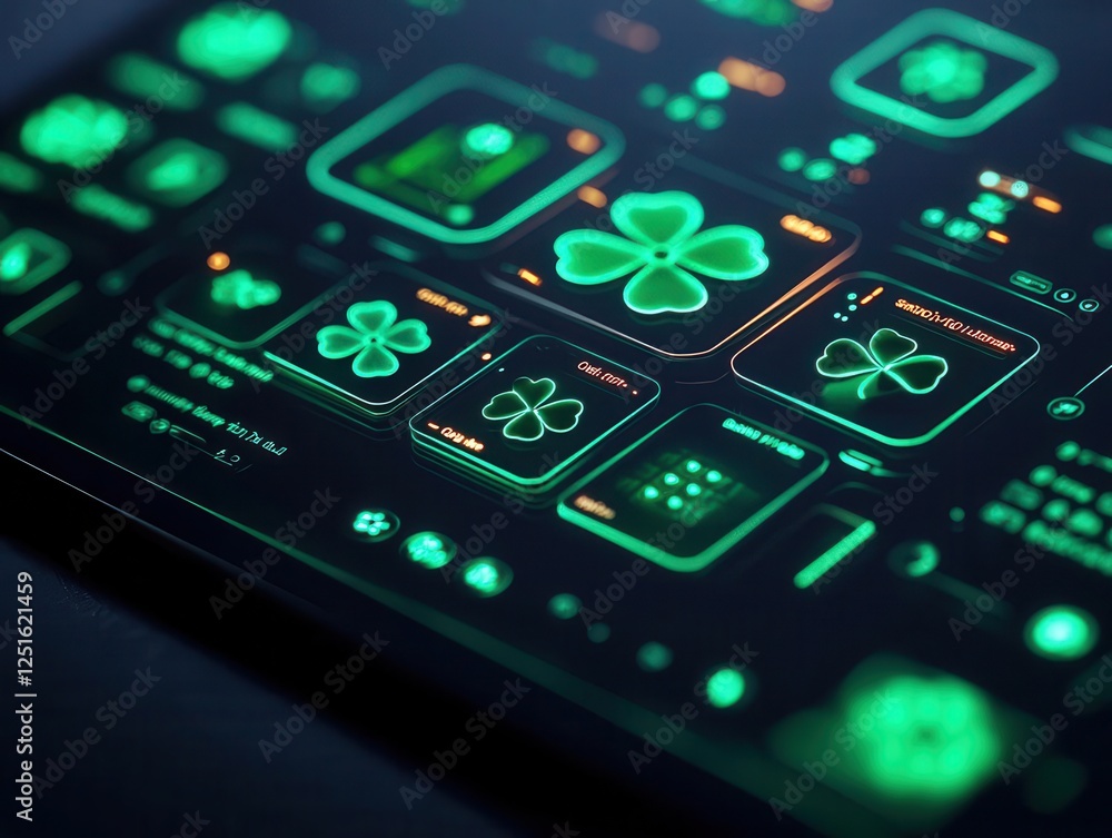 A glowing touchscreen interface with clovershaped buttons and vibrant green lights A glowing touchscreen interface with clovershaped buttons and vibrant green lights