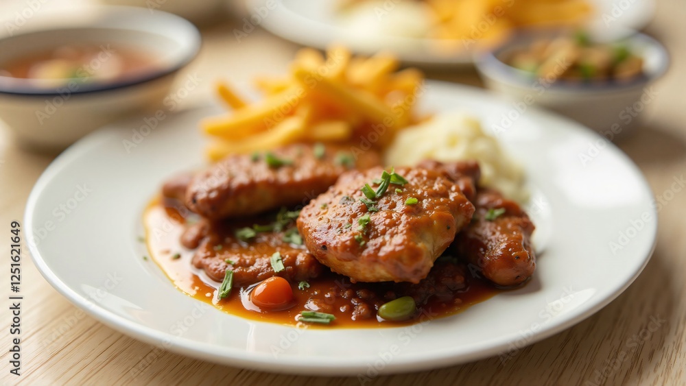 Delicious Chicken or Pork Cutlets with Creamy Mashed Potatoes and French Fries Delicious Chicken or Pork Cutlets with Creamy Mashed Potatoes and French Fries
