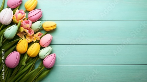 Colorful Tulips and Flowers Arrangement on Light Teal Wood Planks Background Scene.