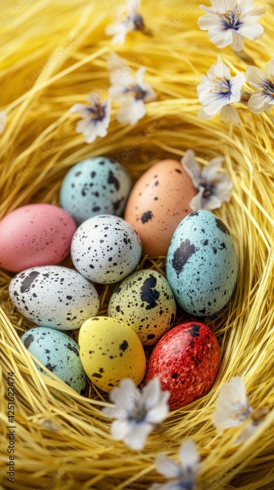 Obraz premium Colorful speckled eggs nestled in a vibrant nest adorned with delicate flowers during a spring celebration. Generative AI