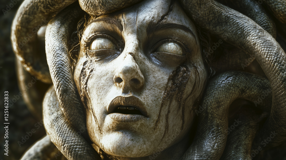 Close-Up of a Stone Medusa Gorgon - Mythological Creature Sculpture for Fantasy, Art, and Historical Illustrations Close-Up of a Stone Medusa Gorgon - Mythological Creature Sculpture for Fantasy, Art, and Historical Illustrations