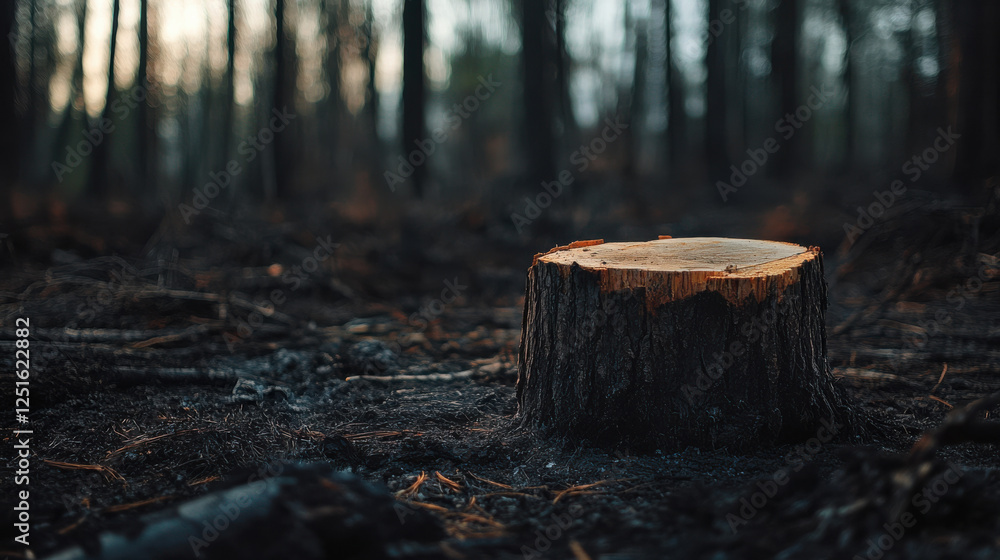 deforested area with tree stump surrounded by dark soil and burnt debris deforested area with tree stump surrounded by dark soil and burnt debris