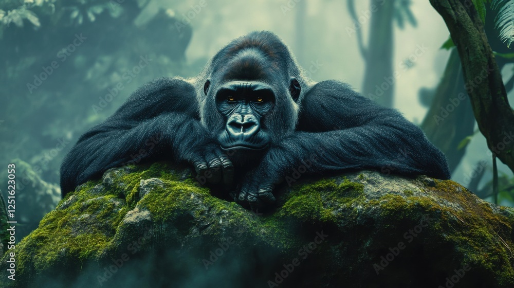 Fototapeta premium A powerful gorilla resting on a moss-covered rock in the jungle, its deep eyes filled with wisdom, while mist rises in the background of the dense rainforest