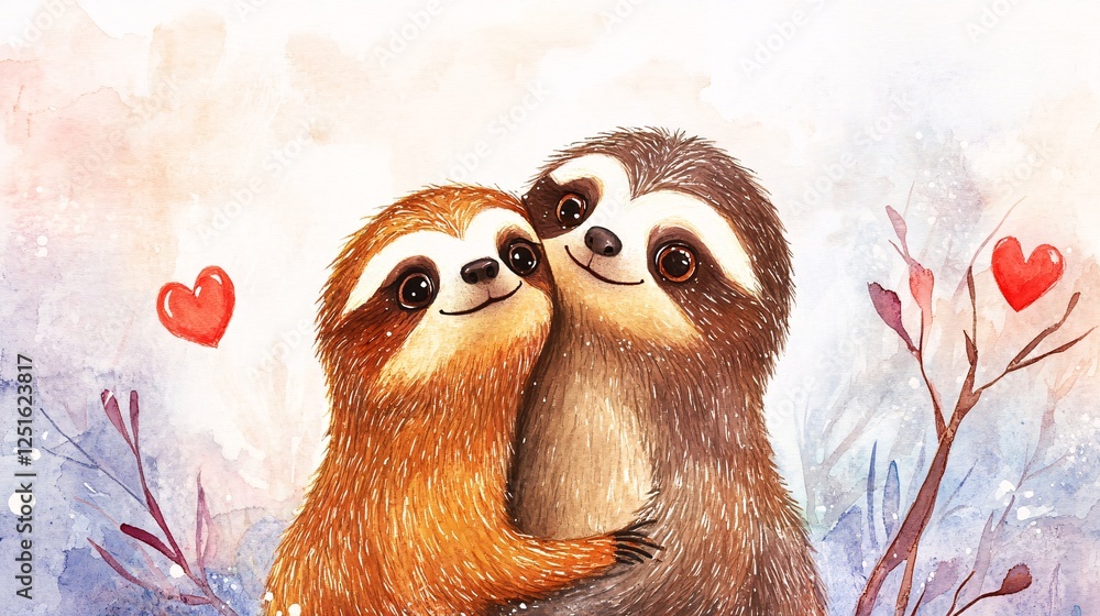 Obraz premium Adorable Watercolor Couple Sloths Embracing for Valentine's Day